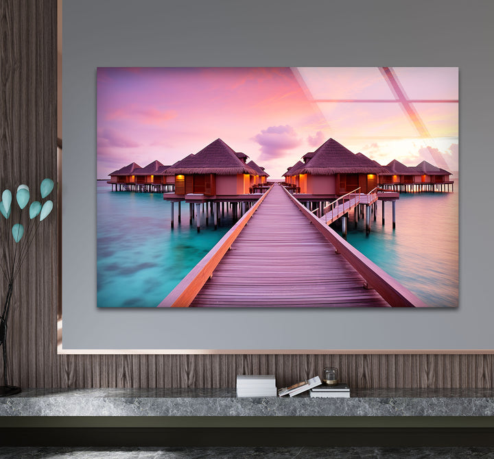 Maldives Sunset Resort Wall Art – Tropical Overwater Bungalows Glass Print Decor