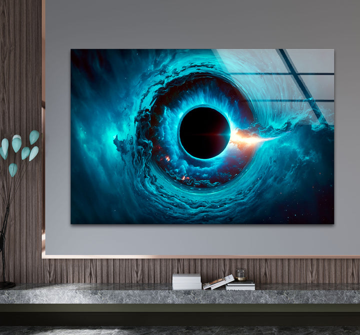 Wandkunst mit kosmischem schwarzen Loch – Blaues Wirbel-Galaxie-Glasdruckdekor 