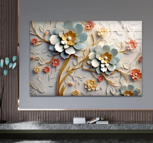 3D Blooming Flower Wall Art – Elegant Embossed Glass Floral Print - MyPhotoStation