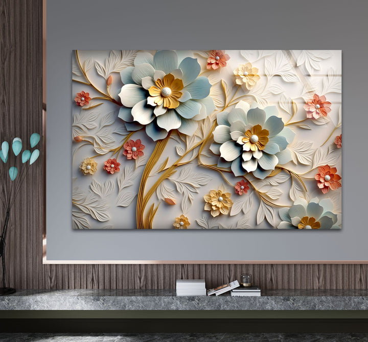 3D-Wandkunst mit blühenden Blumen – Eleganter Blumendruck aus geprägtem Glas 