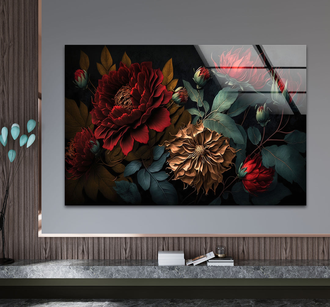 Dark Floral Elegance Wall Art – Red & Gold Botanical Glass Print