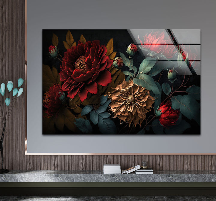 Dark Floral Elegance Wall Art – Red & Gold Botanical Glass Print