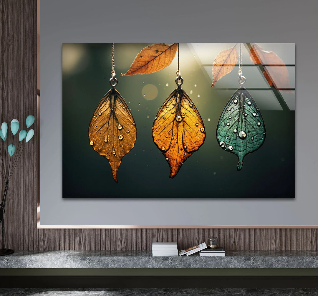 Autumn Dew Leaf Wall Art – Elegant Nature-Inspired Print with Golden & Teal Hues - MyPhotoStation