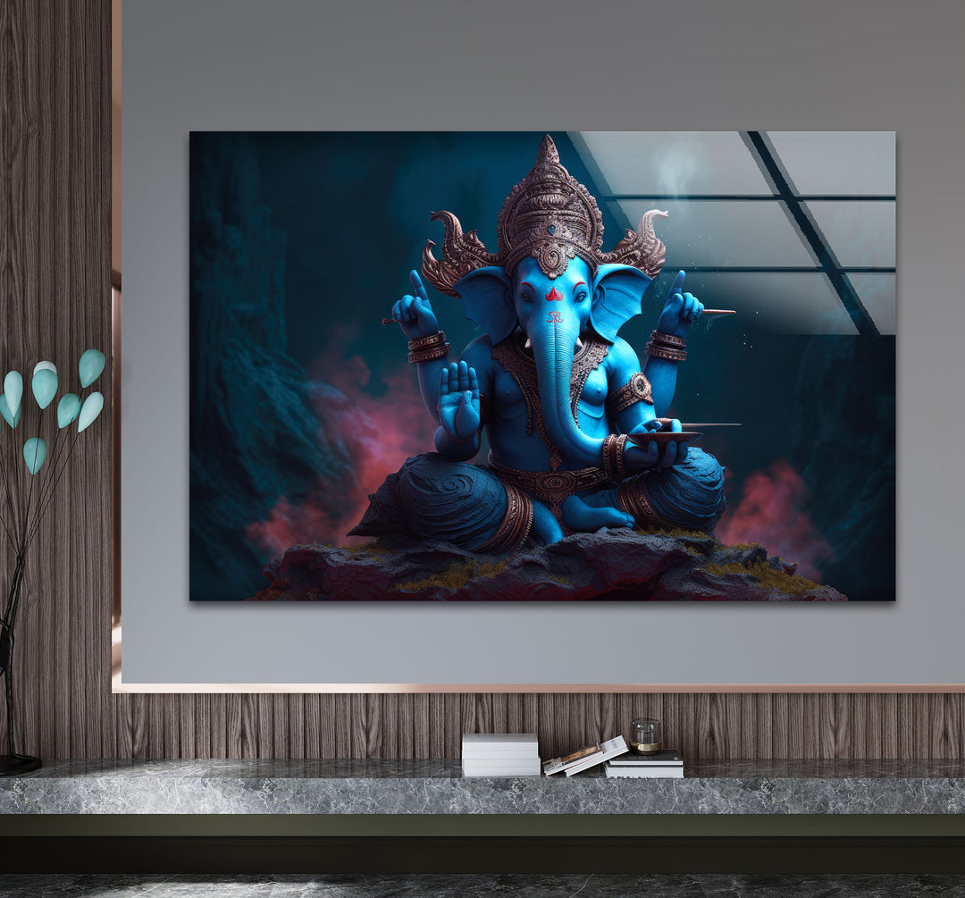 Blaue Ganesha-Wandkunst – Göttliche Hindu-Gottheit – Glasdruck für spirituelles Dekor 