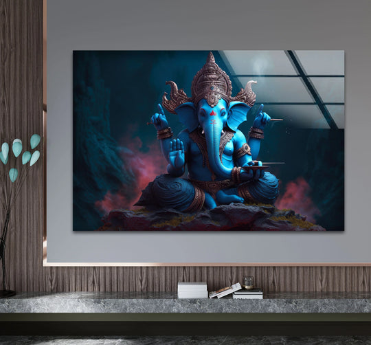 The focal point of this serene blue Ganesha wall art from glass reveals intricate details in a divine Hindu deity glass print perfect for spiritual decor.