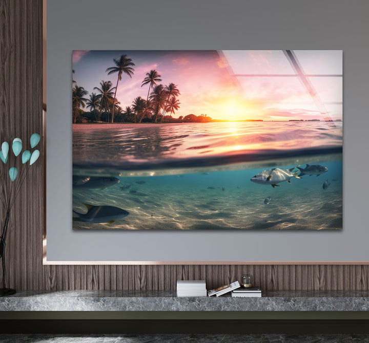 Tropical Ocean Split View Wall Art – Sunset and Underwater Scene Glass Print