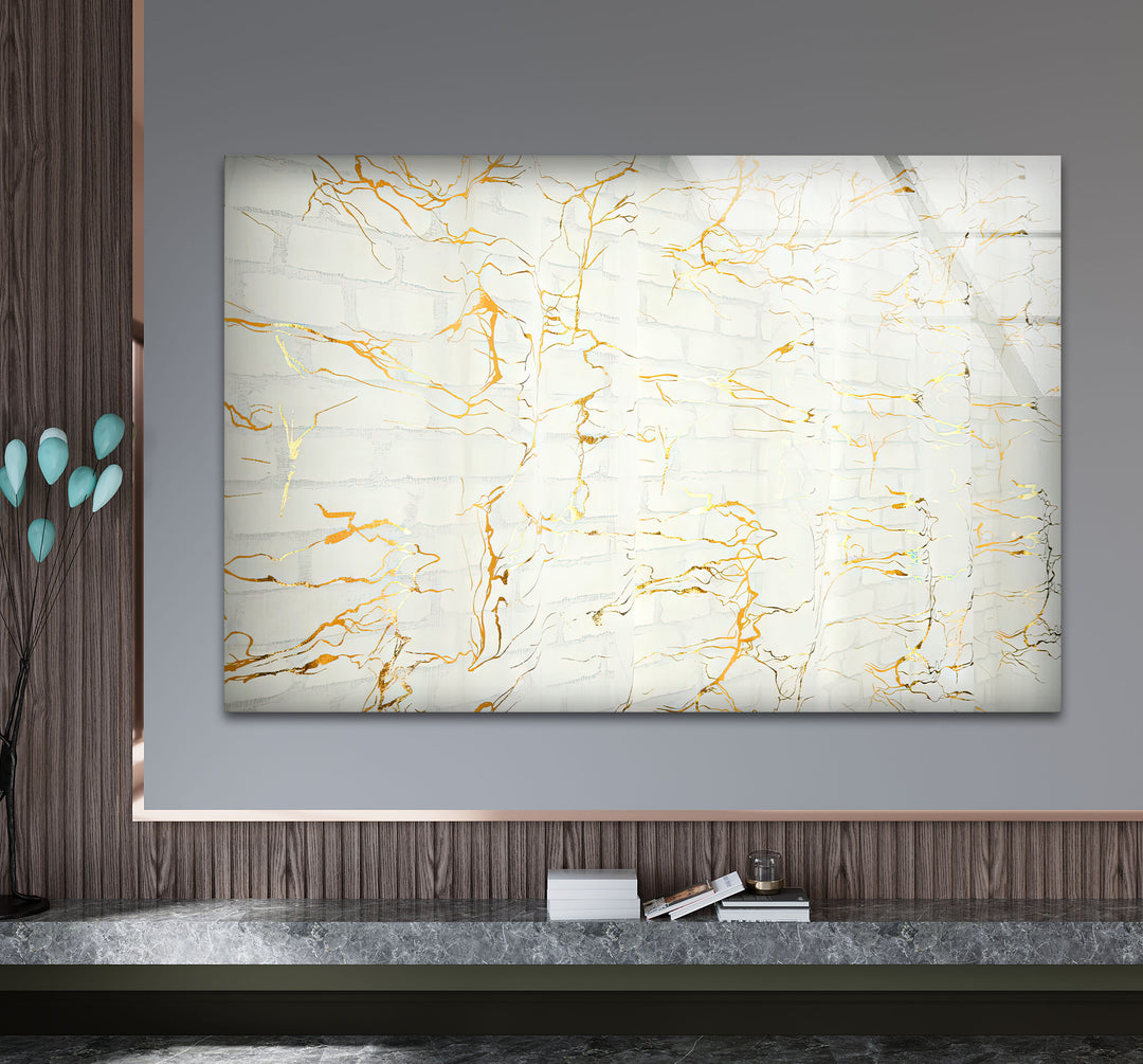 White Marble Texture Glass Wall Art with Gold Veins – Modern Minimalist Decor
