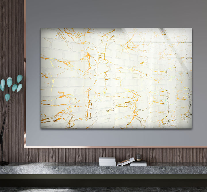 White Marble Texture Glass Wall Art with Gold Veins – Modern Minimalist Decor