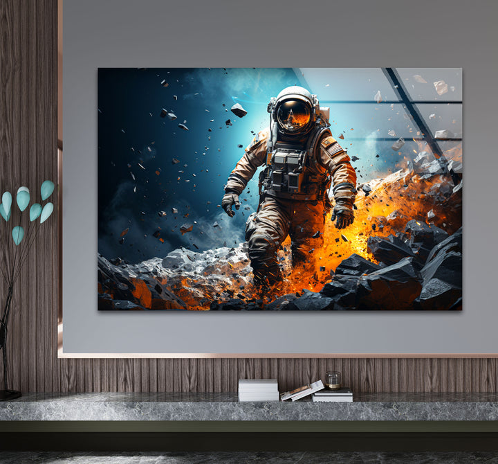 Explodierende Astronauten-Wandkunst – Weltraum-Feuer- und Steinglasdruck für mutige Innenräume