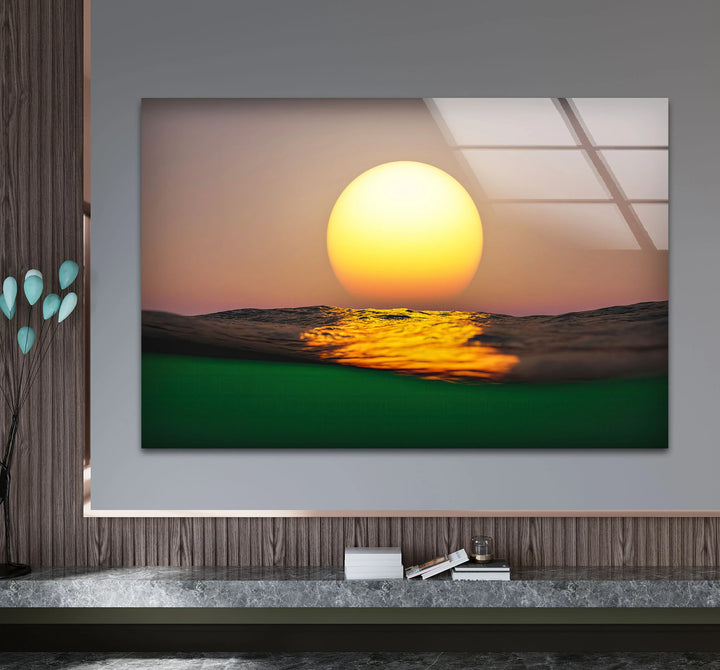 Golden Ocean Sunset Wall Art – Minimalist Sun over Water Glass Print for Modern Spaces - MyPhotoStation