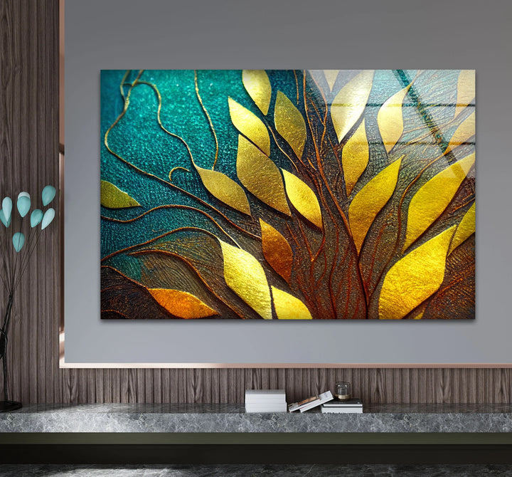 Golden Leaf Tree Glass Wall Art – Elegant Botanical Design with Teal & Amber Accents - MyPhotoStation