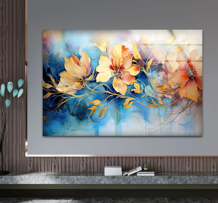 Golden Floral Fantasy Wall Art – Abstract Blue and Yellow Flower Glass Print for Elegant Interiors - MyPhotoStation
