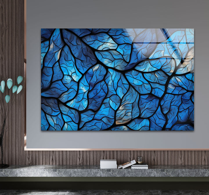 Blaues Blattmosaik-Wandbild – Abstrakter Naturglasdruck für modernes Dekor