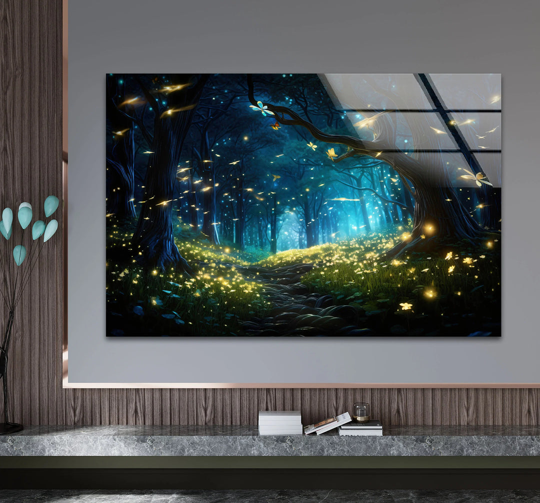 Enchanted Firefly Forest Wall Art – Magical Night Path Glass Print for Fantasy Decor - MyPhotoStation