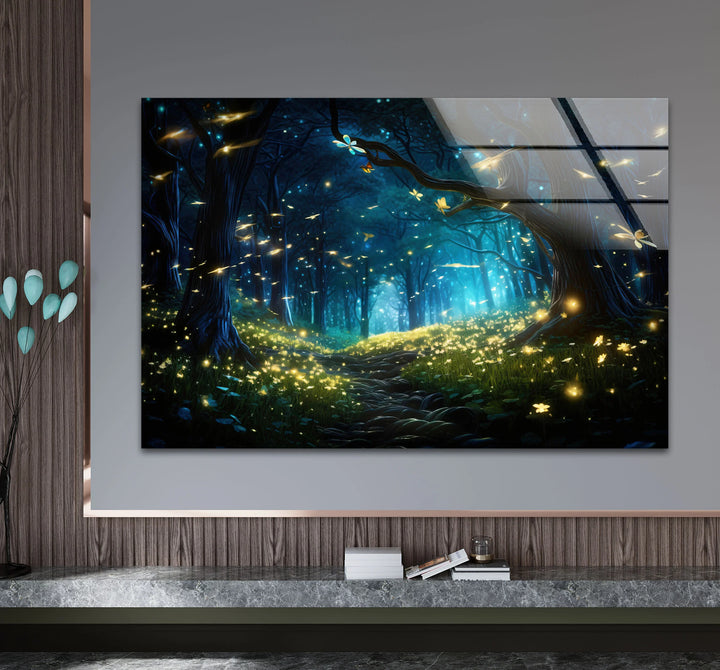 Enchanted Firefly Forest Wall Art – Magical Night Path Glass Print for Fantasy Decor - MyPhotoStation