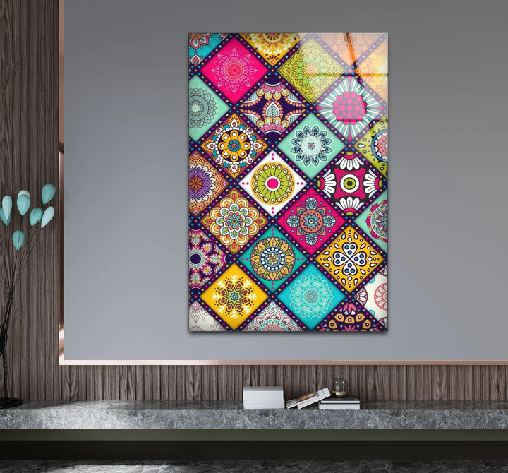 Bohemian Mandala Glass Wall Art – Colorful Mosaic Pattern for Eclectic Interiors - MyPhotoStation