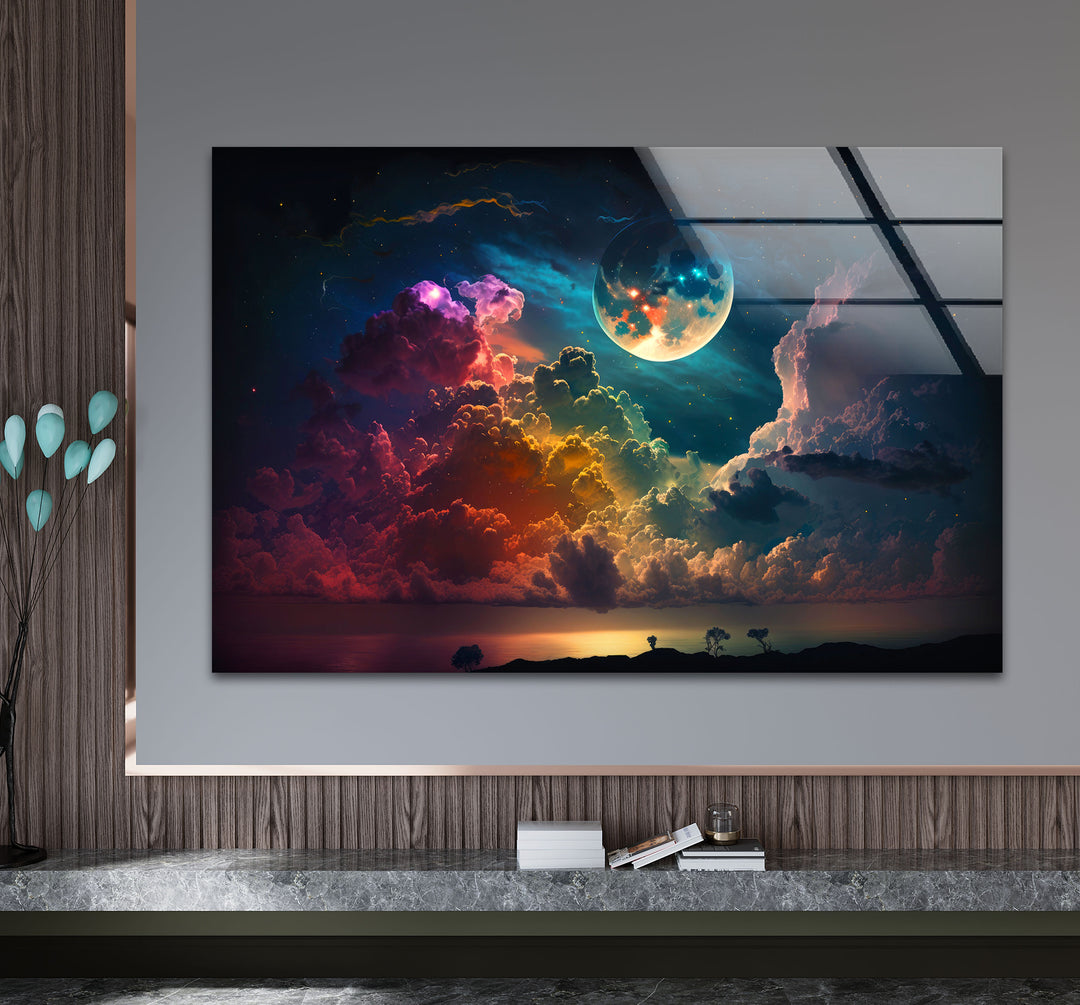 Verträumte Mondaufgang-Wandkunst – Fantasy-Himmel und Wolken-Glasdruck