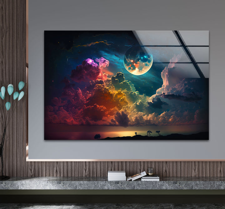 Verträumte Mondaufgang-Wandkunst – Fantasy-Himmel und Wolken-Glasdruck