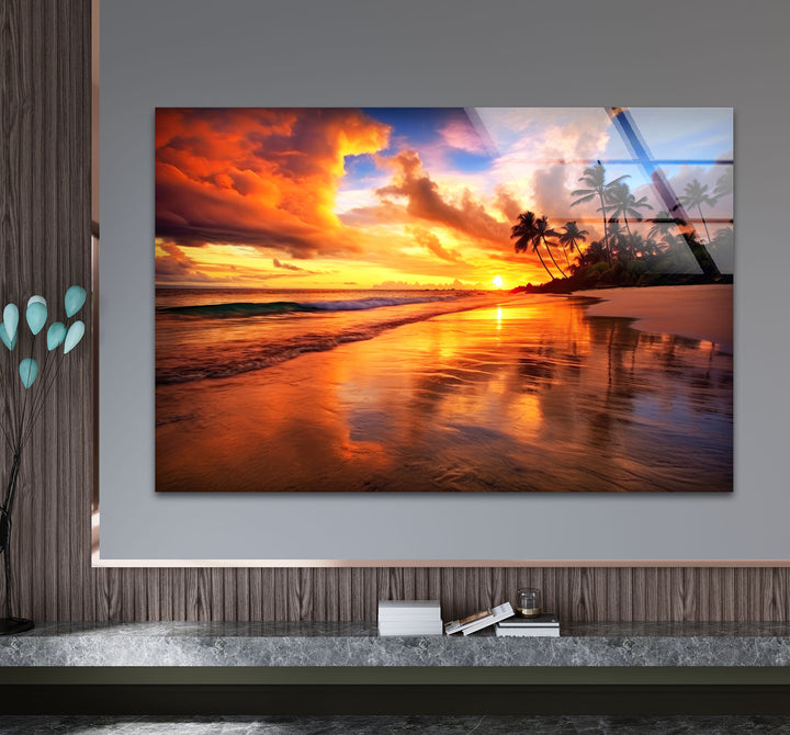 Fiery Tropical Sunset Wall Art – Vibrant Beach Reflection Glass Print for Bold Interiors
