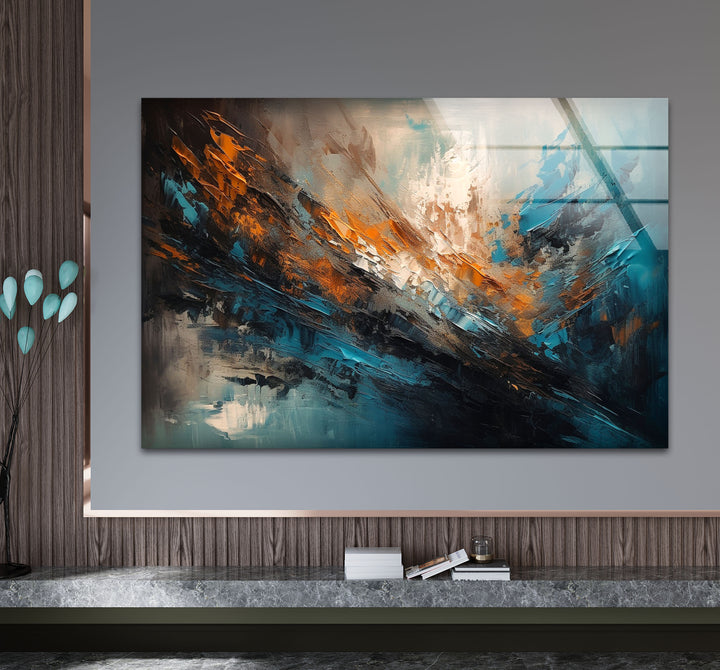 Modern Abstract Brushstroke Glass Wall Art – Teal and Copper Splash Print