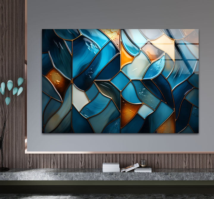 Blue Stained Glass Wall Art – Abstract Mosaic Glass Print Decor