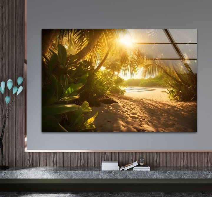 Golden Forest Beach Wall Art – Tropical Palm Tree Pathway Glass Print for Tranquil Nature-Inspired Decor