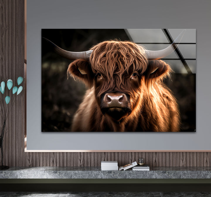 Highland Cow Wall Art – Rustic Brown Longhorn Glass Print Décor