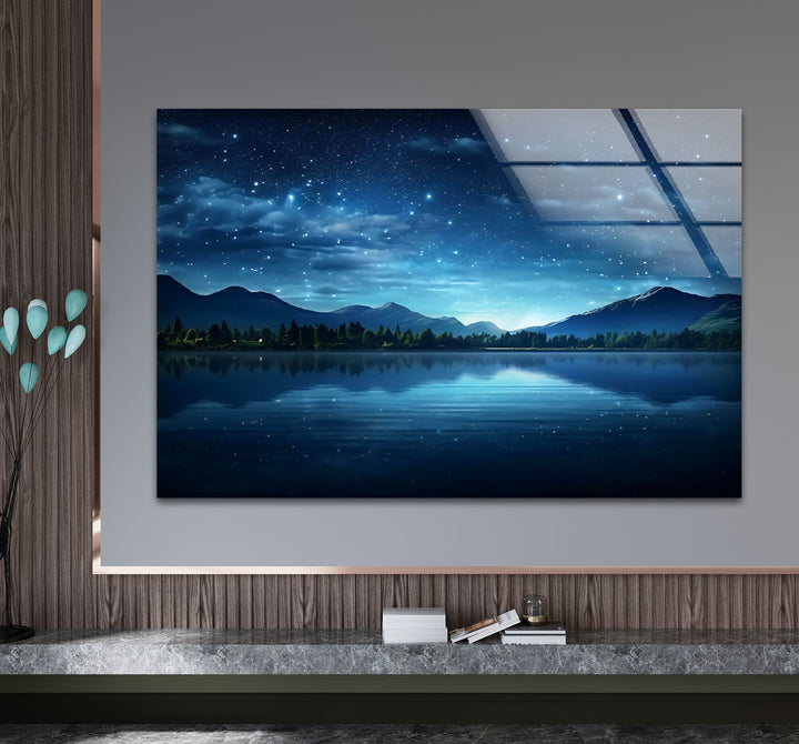 Starry Night Lake Wall Art – Tranquil Mountain Reflection Glass Print for Interior Elegance