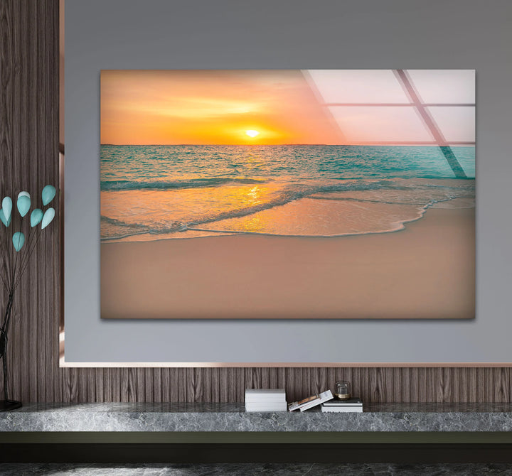 Tranquil Sunset Beach Wall Art – Coastal Ocean Waves with Soft Orange Glow - MyPhotoStation