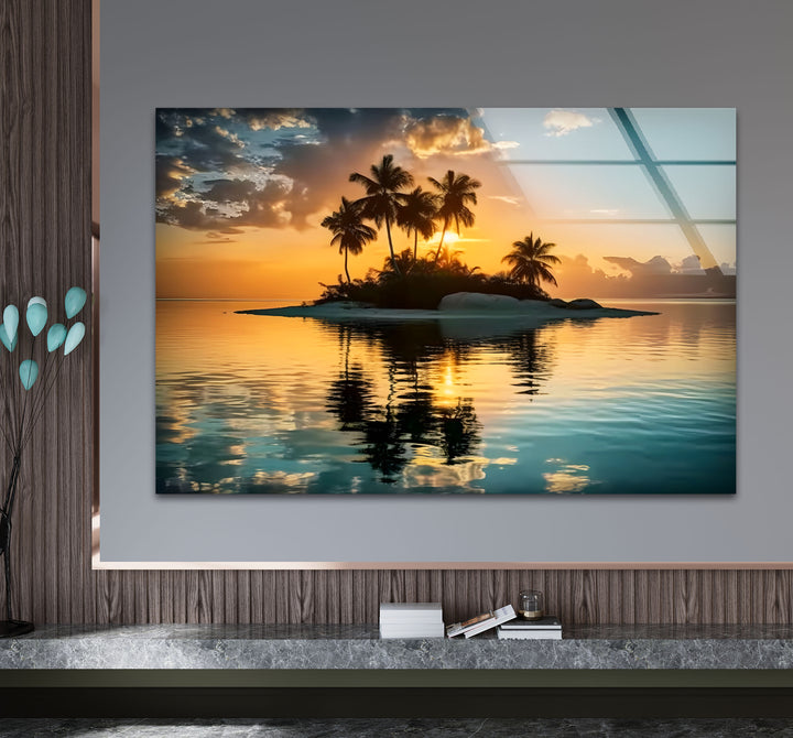 Tropical Island Sunset Wall Art – Serene Beach Glass Print for Relaxing Interiors