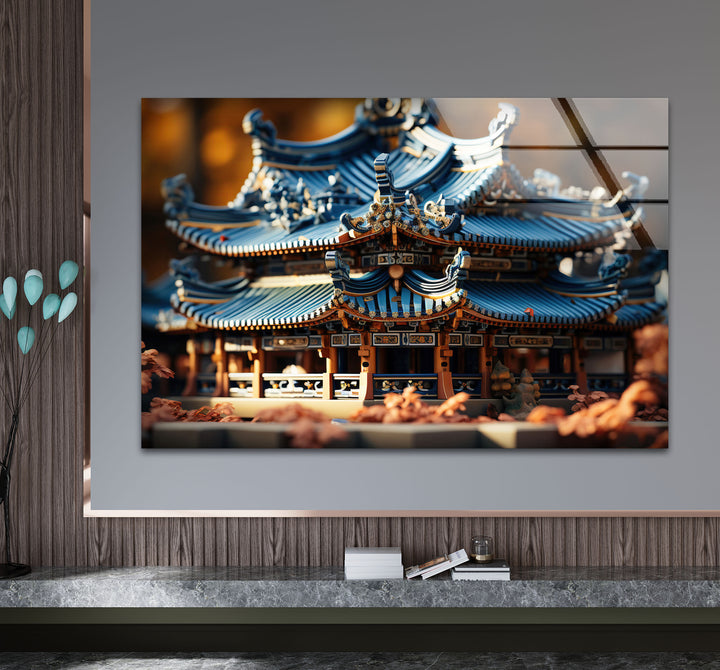 Traditional Asian Temple Wall Art – Blue Pagoda Architecture Glass Print for Cultural Decor