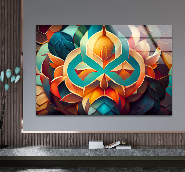 3D Geometric Mandala Glass Wall Art – Vibrant Abstract Lotus Design