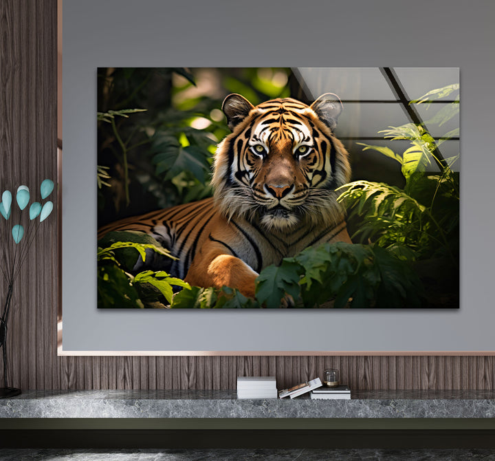 Majestätische Tiger-Wandkunst – Dschungel-Wildtier-Glasdruck-Dekor 