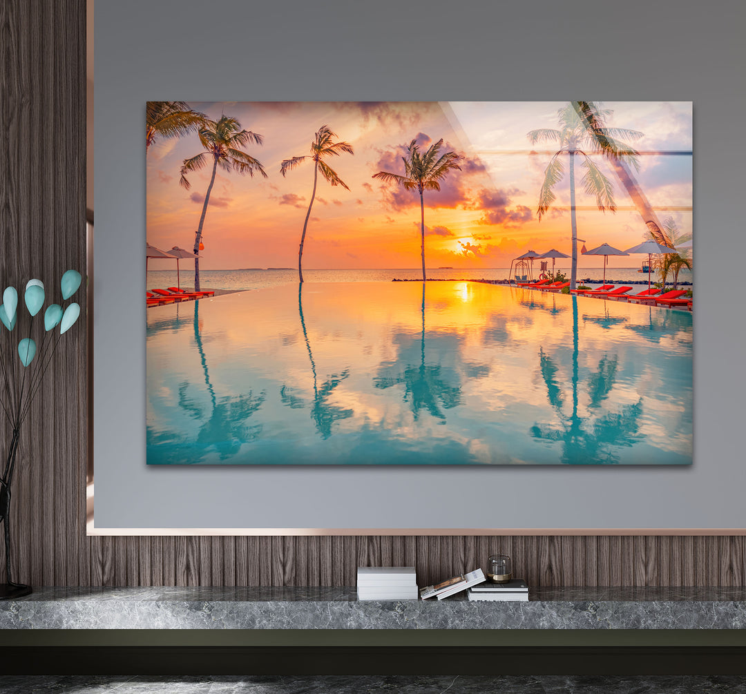 Luxury Tropical Sunset Wall Art – Infinity Pool & Palm Tree Glass Print for Coastal and Resort-Inspired Interiors