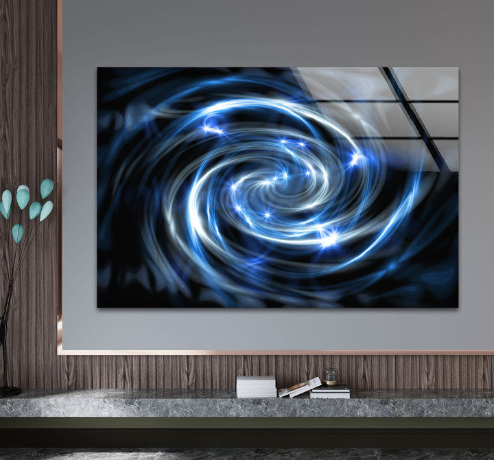 Spiralgalaxie-Wandkunst aus Glas – Blauer kosmischer Wirbel mit Sternenexplosionen