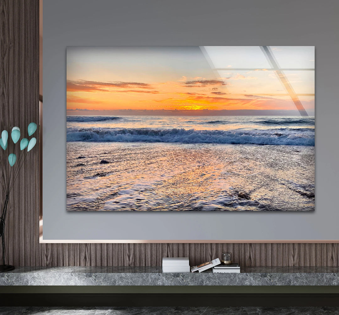 Golden Horizon Ocean Wall Art – Peaceful Sunset Beach Scene Glass Print - MyPhotoStation