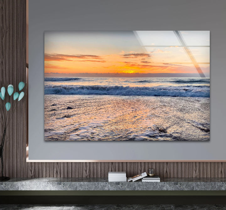 Golden Horizon Ocean Wall Art – Peaceful Sunset Beach Scene Glass Print - MyPhotoStation