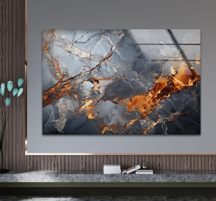 Fiery Blue Marble Glass Wall Art – Abstract Stone Texture Print