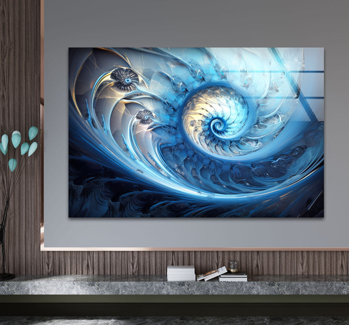 Blue Fractal Spiral Wall Art – Abstract Nautilus Glass Print for Modern Interiors