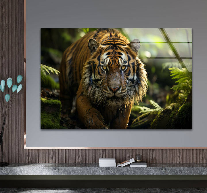 Wilder Tigerblick Wandkunst – Wildes Dschungel-Raubtier-Glasdruck-Dekor