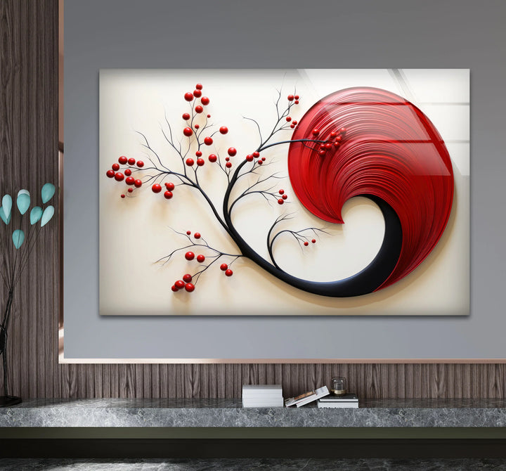 Red Abstract Botanical Wall Art – Modern Glass Decor with Cherry Elements - MyPhotoStation