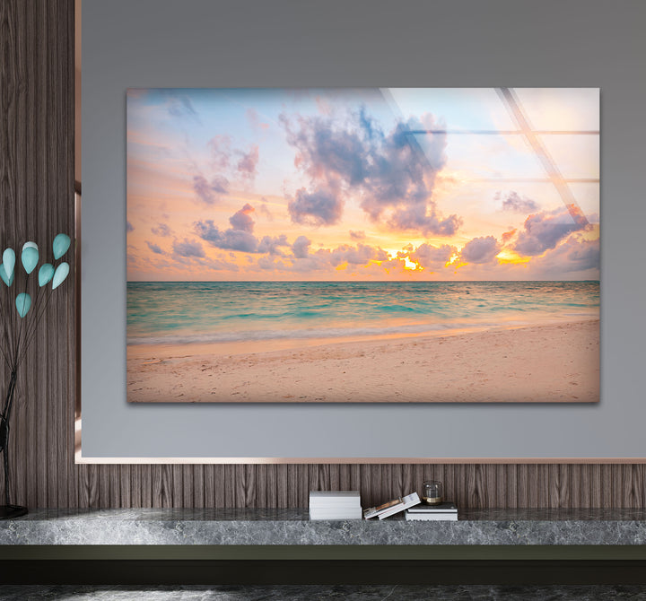 Pastel Beach Sunset Wall Art – Tranquil Ocean Shoreline Glass Print for Calm Spaces