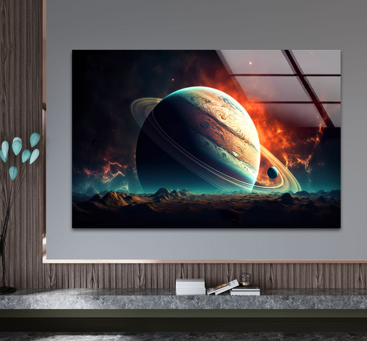 Saturn über fremdem Horizont – Planetenlandschaft, Glaswandkunst 