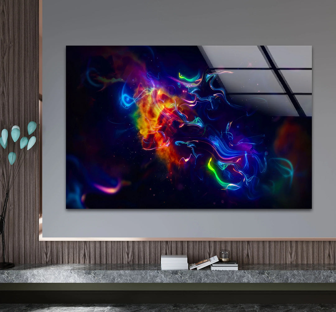 Cosmic Light Burst Wall Art – Abstract Neon Energy Print on Glass - MyPhotoStation