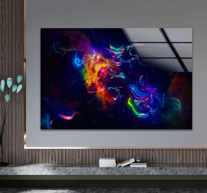 Cosmic Light Burst Wall Art – Abstract Neon Energy Print on Glass - MyPhotoStation