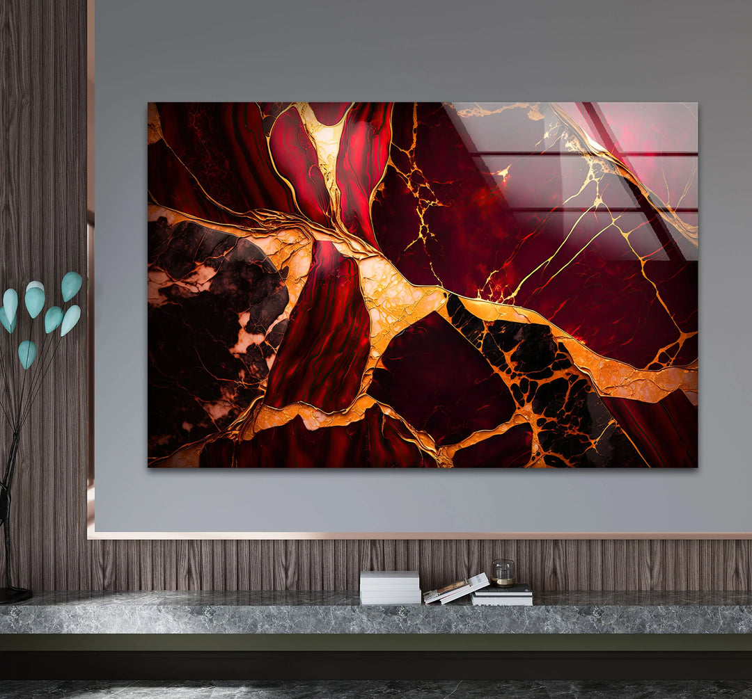 Red and Gold Marble Wall Art – Luxurious Crimson Glass Print with Cracked Vein Pattern for Bold Modern Interiors - MyPhotoStation