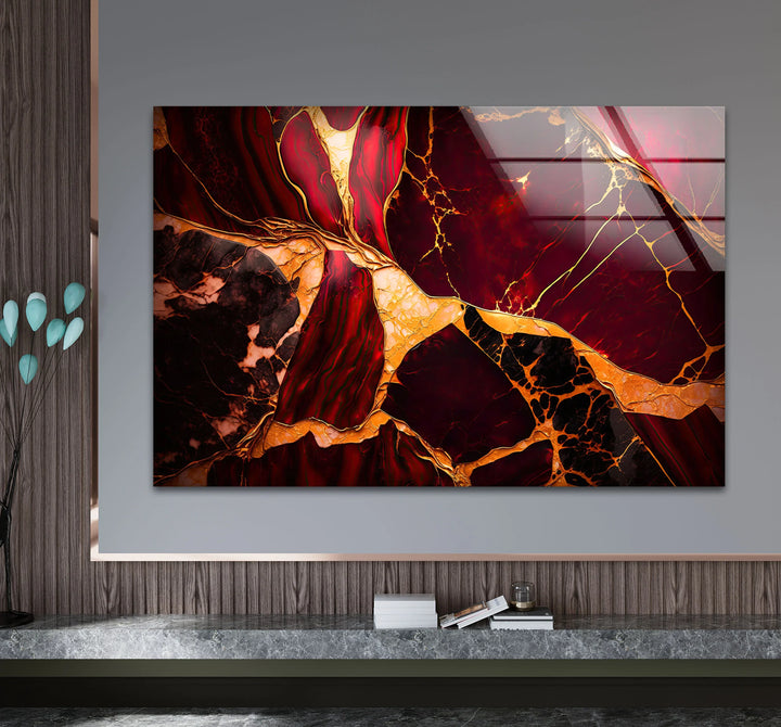 Red and Gold Marble Wall Art – Luxurious Crimson Glass Print with Cracked Vein Pattern for Bold Modern Interiors - MyPhotoStation