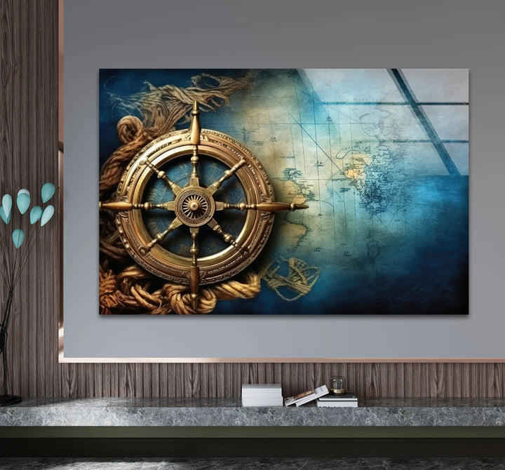 Nautical Compass Wall Art – Vintage Ocean Map Glass Print for Interior Elegance - MyPhotoStation