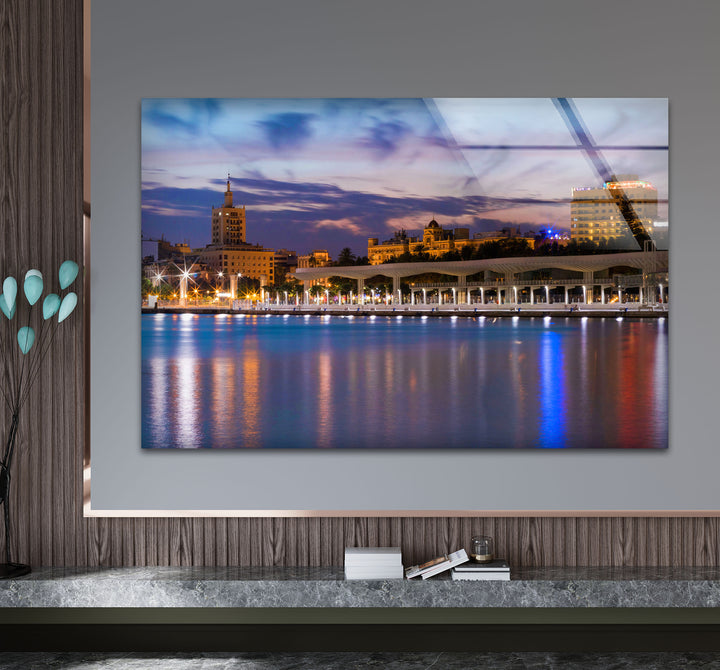 Malaga Waterfront Cityscape Wall Art – Dusk Skyline Glass Print for Urban Decor