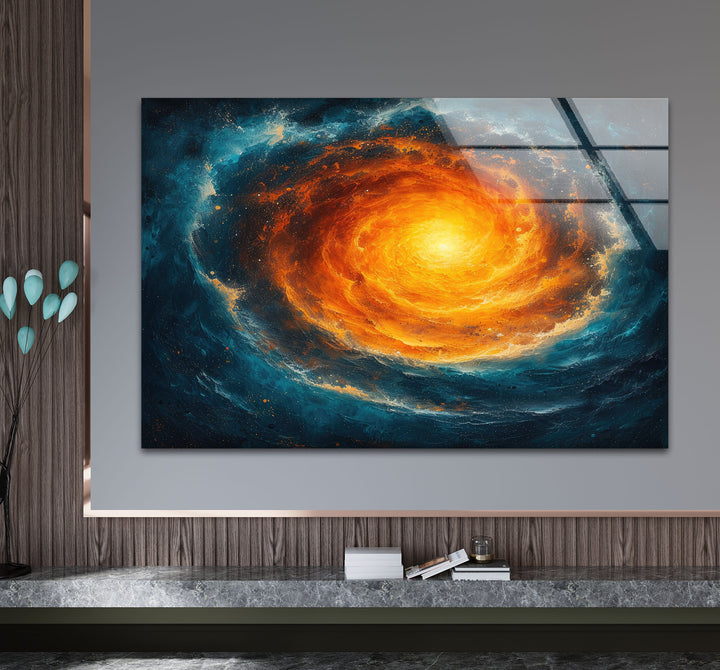 Abstrakte Glaswandkunst mit Spiralgalaxie